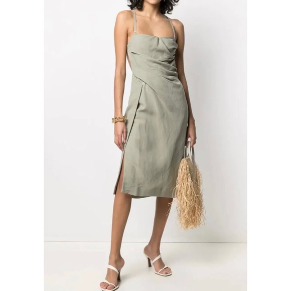 Jacquemus Linen La Robe Laurier Midi Dress Sage Green - Picture 1 of 15